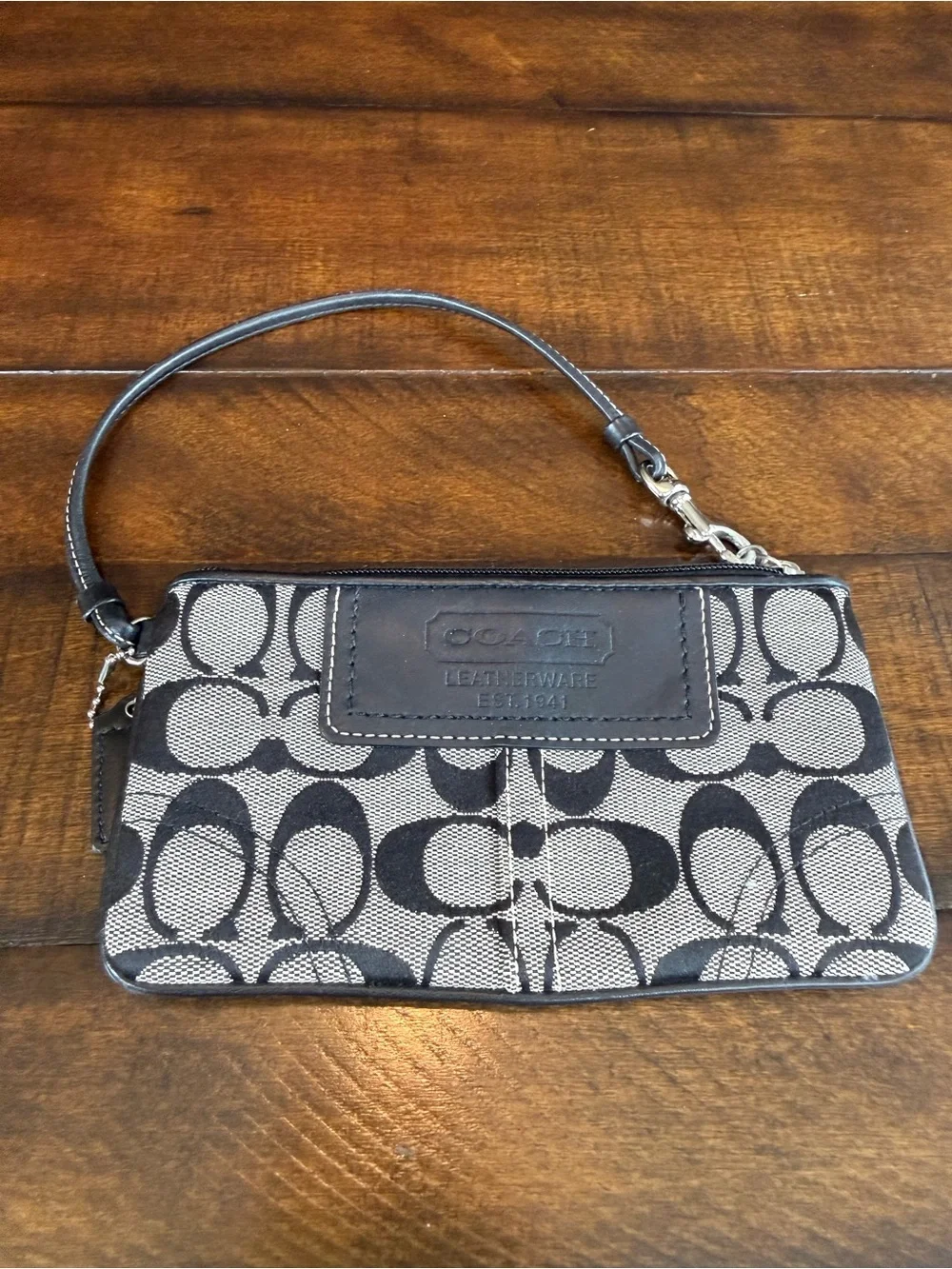 Coach Black and Cream Signature Canvas Wristlet